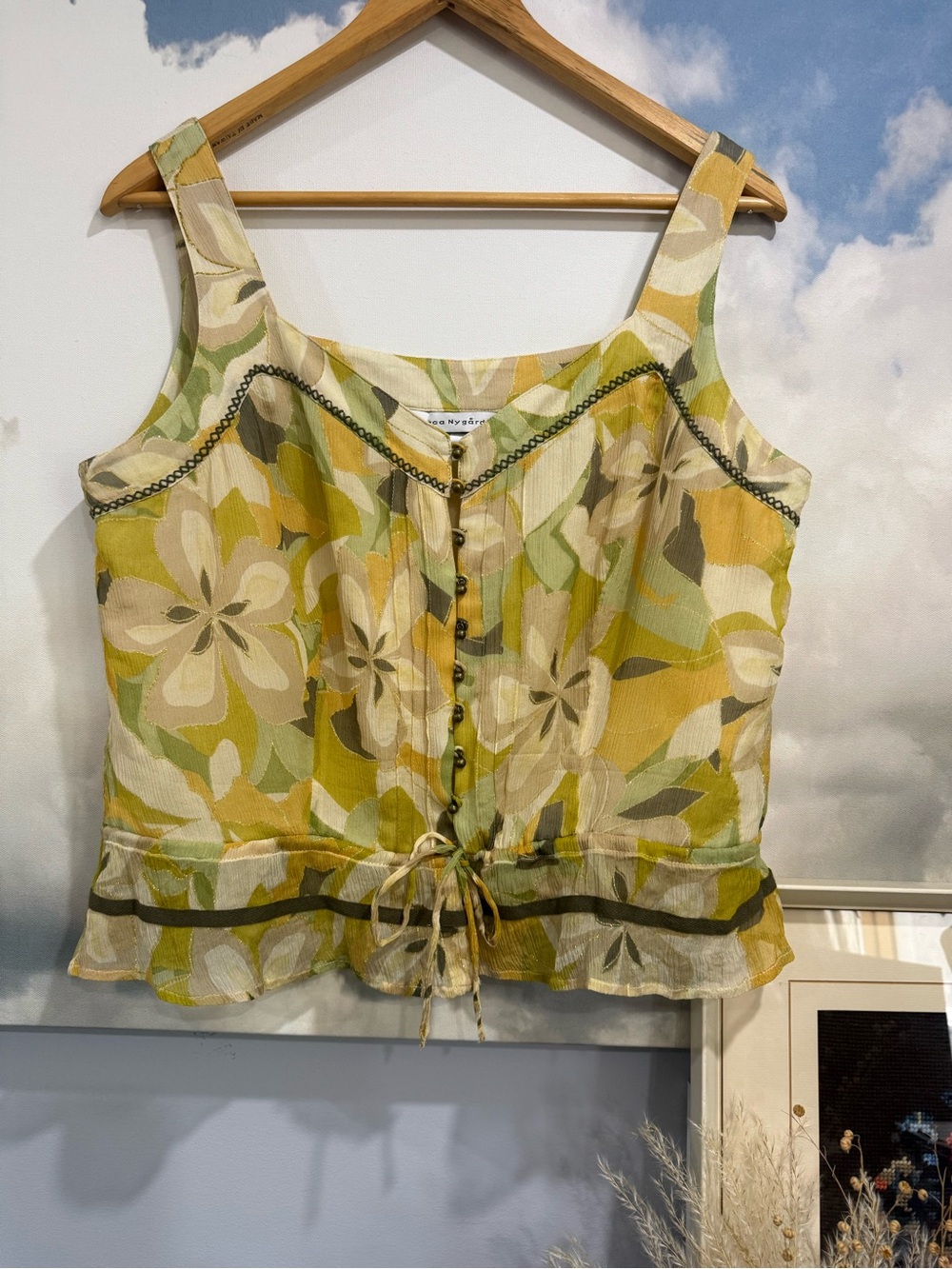 Vintage Silk Earthy Floral Camisole Ruffle Hem Y2K Fairycore Boho Chic Tie-Front - Picture 3 of 12